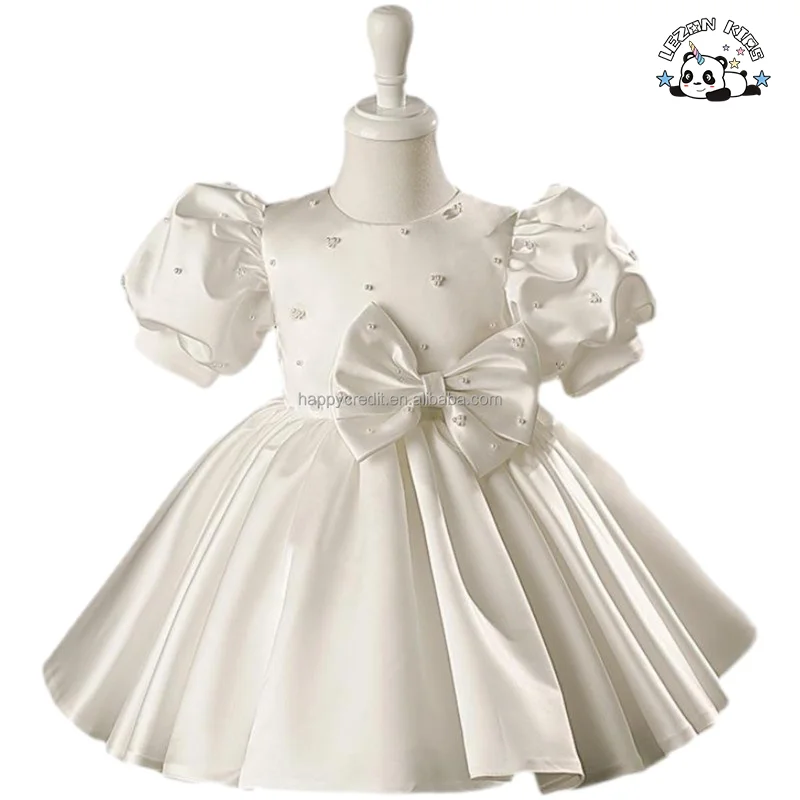 LEZONKIDS - Vestido de Seda Branco para Crianças com Mangas Folhadas e Enfeites de Cristal para Festas e Aniversários
